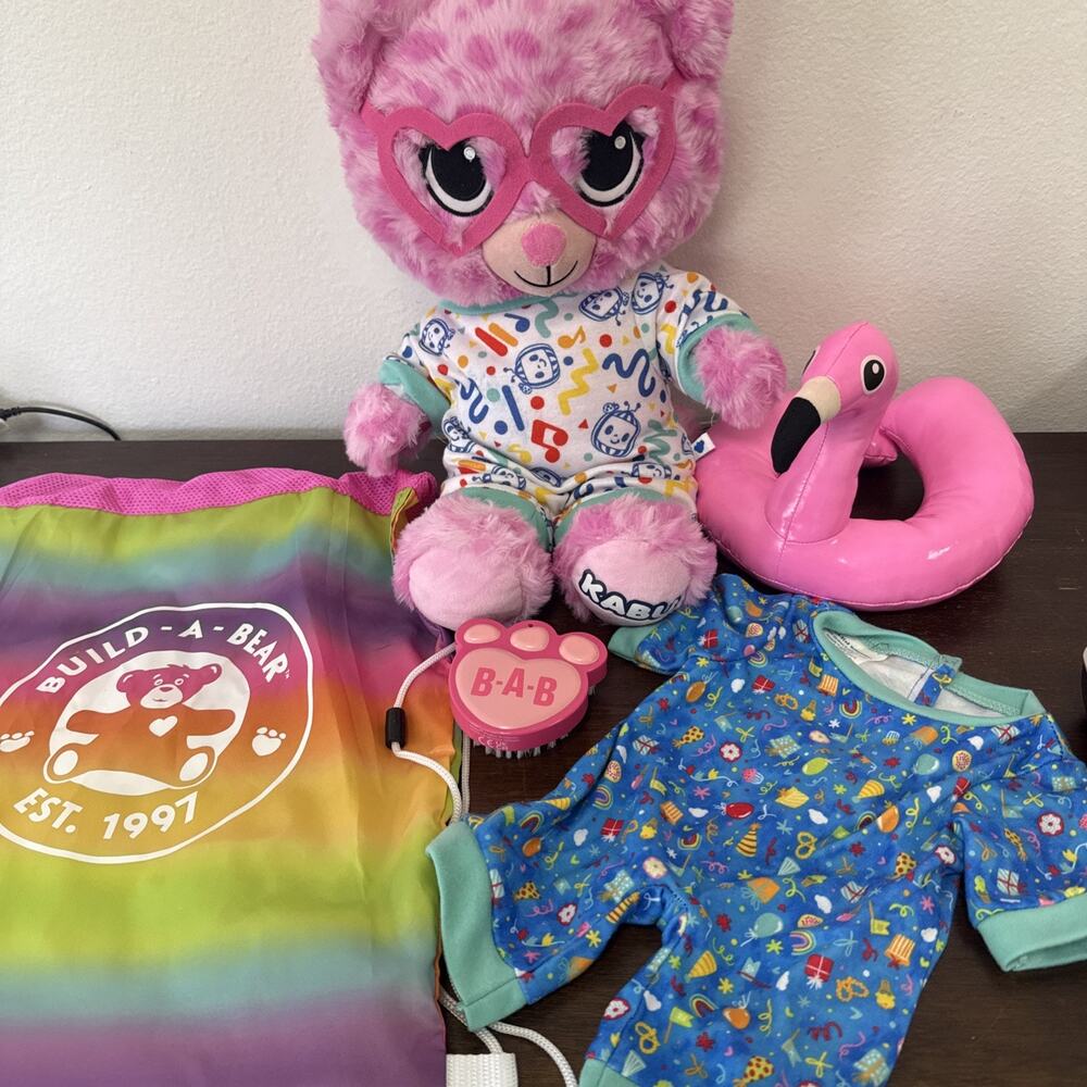 Build A Bear Pink Kabu Cat Plush Bundle Clothes Bag & Flamingo Accessory
